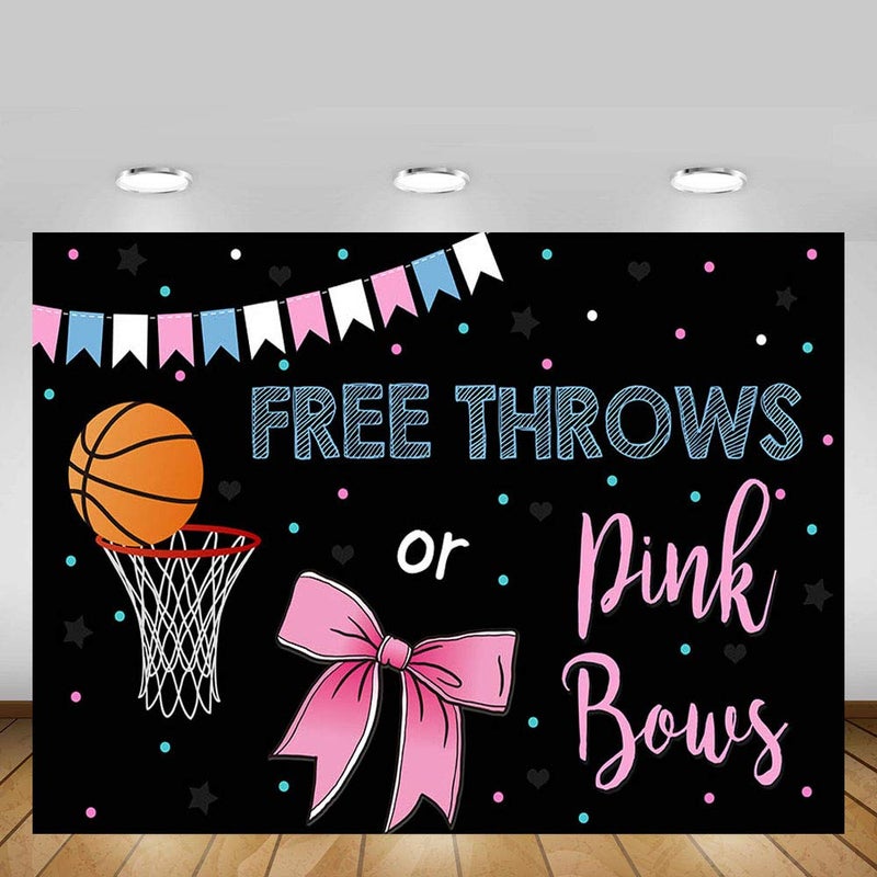 MEHOFOND MEHOFOTO Free Throws or Pink Bows Gender Reveal Party Photo Background Props Basketball or Bow Baby Shower Boy or Girl Blue Pink Decoration Black Backdrops Banner for Dessert Table 7x5ft - Image 2